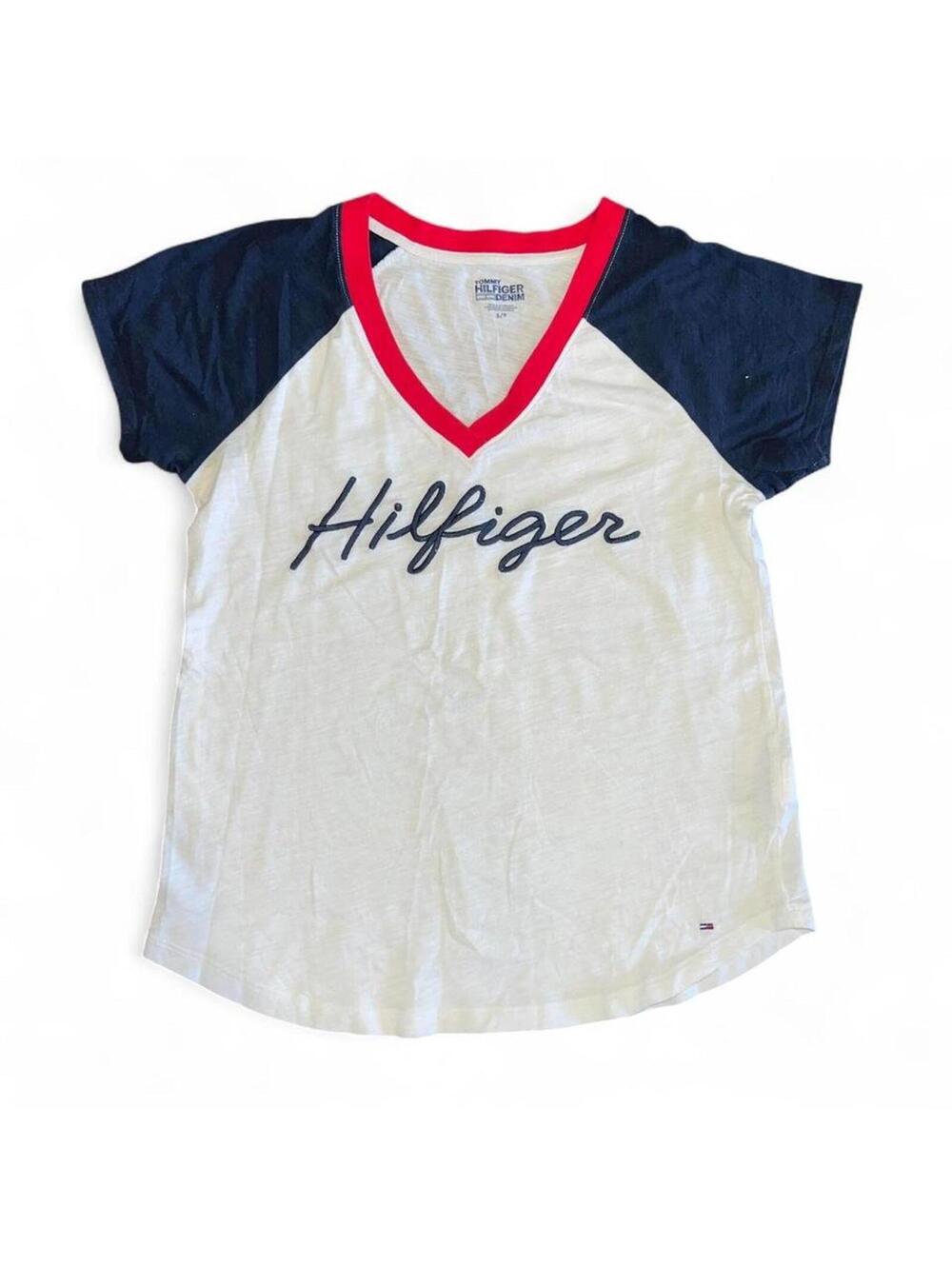 Tommy Hilfiger Denim Y2K Colourblock Raglan Script Logo Tee Preppy Size S